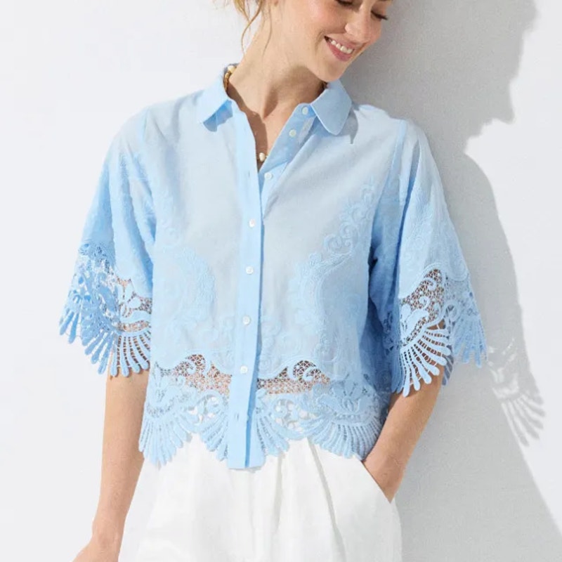 Dea Kudibal Baby Blue Lace Button Up Top Small Romantic Cropped Designer $289